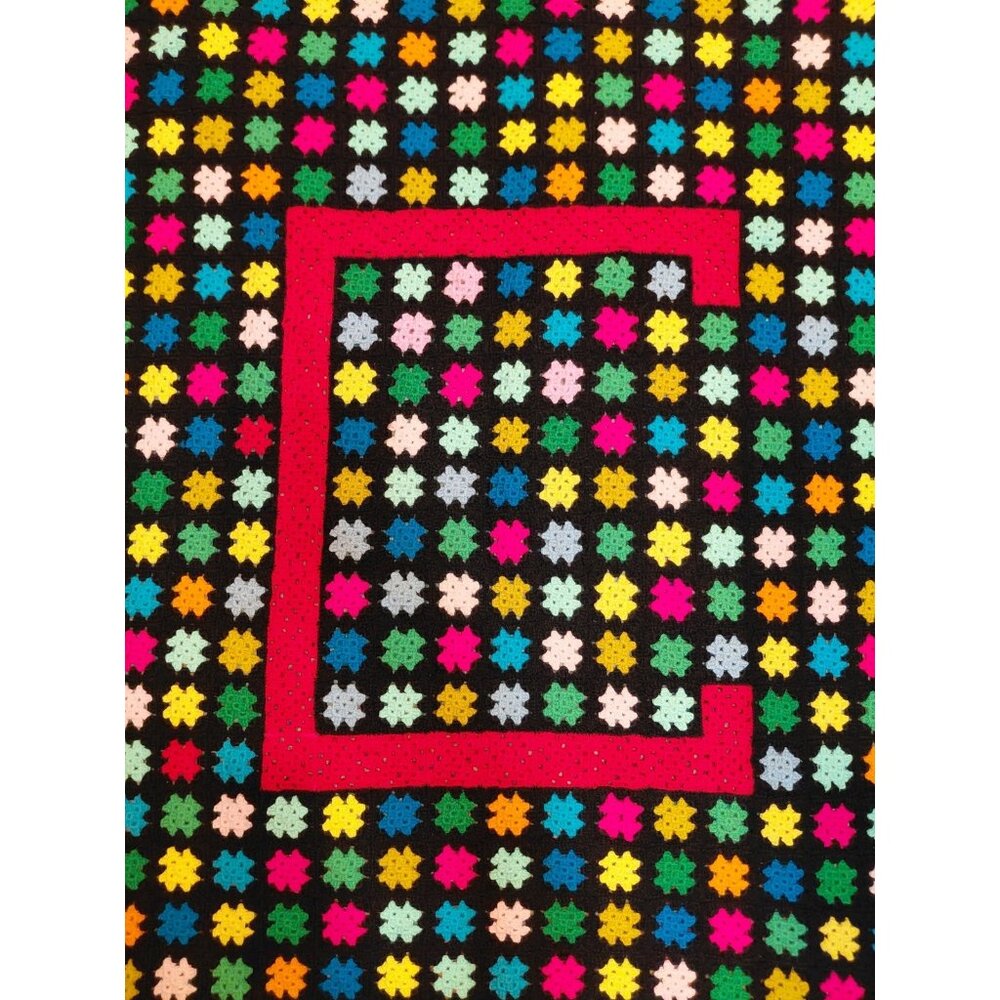 Vtg 70s Granny Square Throw Afghan Multicolor Stained Glass "C"‎ Initial 54"x49"
